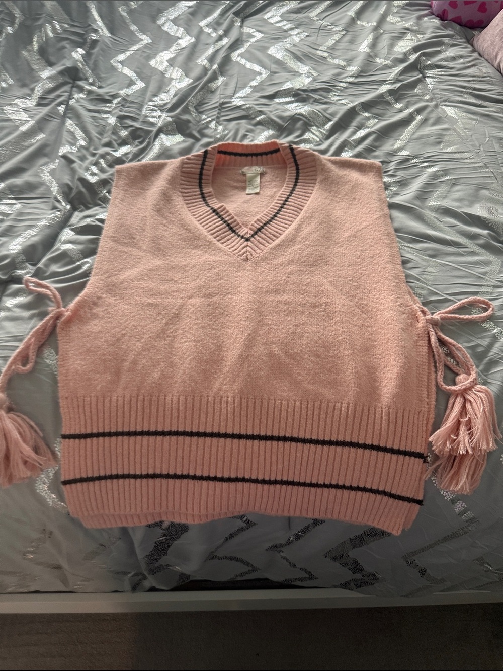 Free People Pink V-Neck Knit Sweater Vest with Black Stripe and Side Ties